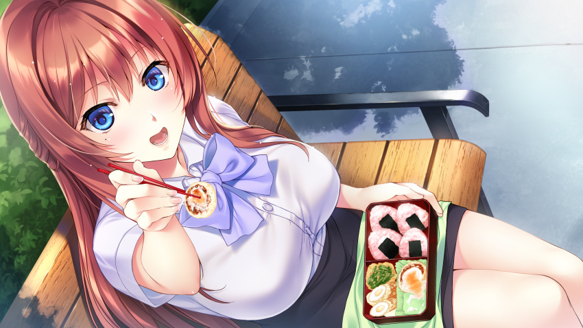 1girl bangs bench black_skirt blue_eyes bow bowtie breasts brown_hair chopsticks day feeding food game_cg highres himukai_chihiro himukai_chihiro_wa_shigoto_ga_tsuzukanai incoming_food large_breasts long_hair looking_at_viewer mole non-web_source obentou onigiri open_mouth outdoors shirt sitting skirt smile solo white_shirt