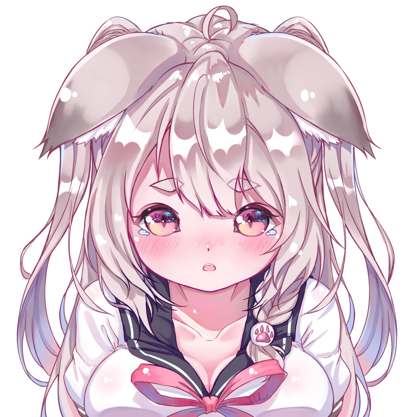 1girl absurdres ahoge animal_ears azur_lane bangs blunt_bangs blush braid breasts cleavage collarbone commentary_request crying crying_with_eyes_open ear_down eyebrows_visible_through_hair eyes_visible_through_hair from_above highres long_hair looking_at_viewer looking_up parted_lips paw_print school_uniform serafuku short_sleeves sidelocks silver_hair simple_background single_braid slit_pupils solo tears thick_eyebrows white_background wolf_ears wuhuo yellow_eyes yuudachi_(azur_lane)