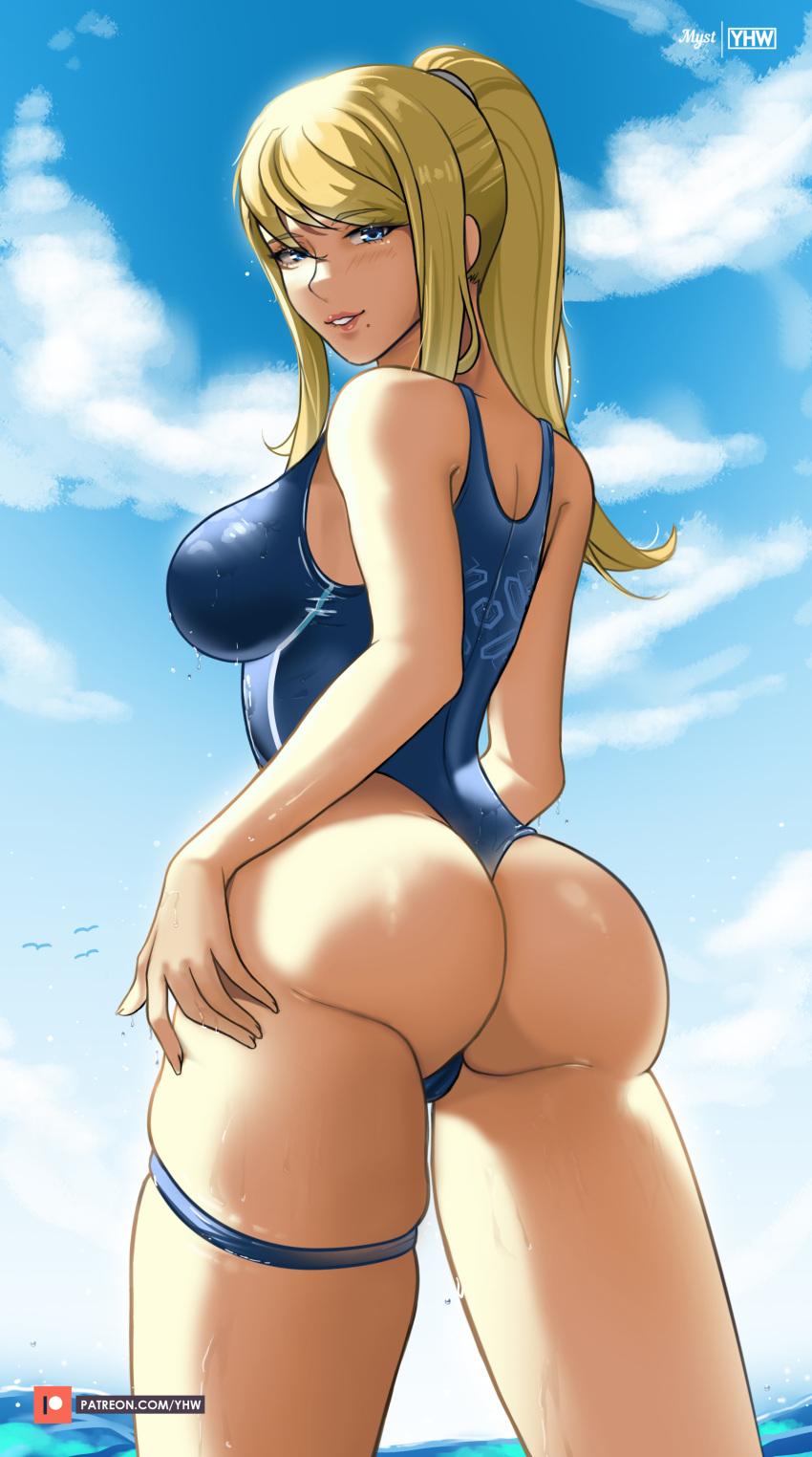 1girl absurdres bangs blonde_hair blue_eyes breasts highres large_breasts long_hair looking_at_viewer looking_back metroid metroid_dread mole mole_under_mouth mystyhw one-piece_swimsuit one-piece_thong ponytail samus_aran simple_background solo swimsuit thong upper_body