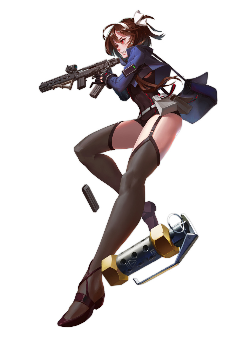 1girl absurdres ahoge bag belt belt_pouch black_gloves black_leotard blue_jacket brown_hair clenched_teeth cropped_jacket explosive flashbang folded_hair full_body garter_straps girls'_frontline gloves grenade grey_legwear gun hair_ribbon highres holding holding_gun holding_weapon jacket jinyu_lao_honglingjin legs leotard magazine_(weapon) mechanical_arms navel pouch red_eyes ribbon scope short_hair_with_long_locks shoulder_bag simple_background single_mechanical_arm solo strap teeth thighhighs thighs tied_hair type_79_(girls'_frontline) type_79_smg weapon white_background white_ribbon