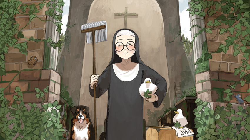 1girl ^_^ animal_on_hand bernese_mountain_dog bird bird_on_hand birdcage blush brick_wall cage catholic chicken church clinging closed_eyes commentary cross crucifix diva_(hyxpk) dog duck english_commentary fig_leaf frog glasses grass habit hedge_clippers highres holding holding_mop ladder leaf little_nuns_(diva) map mop moss mother_superior_(diva) mouse nun outdoors pew pillar plant ruins smile suitcase vines wall younger