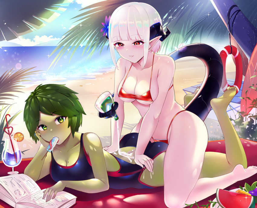 2girls ass bare_shoulders barefoot beach bikini black_swimsuit blush book breasts cleavage cloud colored_skin commission cup dragon_girl dragon_horns dragon_tail drinking_glass drinking_straw eyebrows_visible_through_hair fang feet flower foliage food fruit grapes green_eyes green_skin hair_flower hair_ornament hand_on_own_face hands_on_another's_back highres horns innertube large_breasts leaf legs_up long_tongue looking_at_viewer lying mole mole_on_breast monster_girl multiple_girls ocean on_stomach one-piece_swimsuit original plant_girl plant_hair popsicle red_bikini red_eyes red_towel salad_dressing saliva sideboob sitting sitting_on_person smile sunlight surfboard swimsuit tail tail_wrap thighs toes tongue towel tree_branch tropical vanu_aureyama watermelon_slice white_hair xiaodi