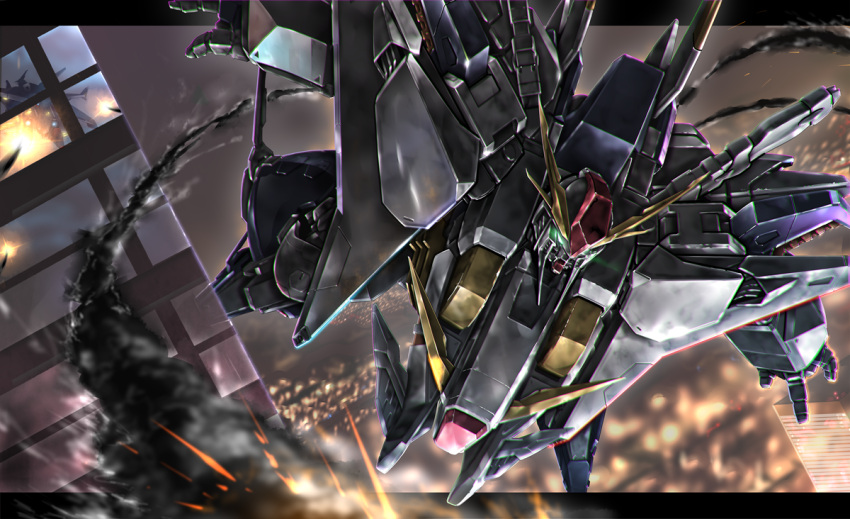 battle blurry blurry_background building cityscape commentary_request condensation_trail explosion flying glowing glowing_eyes gomibako_(shirokumatei) gundam gundam_hathaway's_flash itano_circus lights machinery mecha missile night realistic reflection science_fiction smoke window xi_gundam