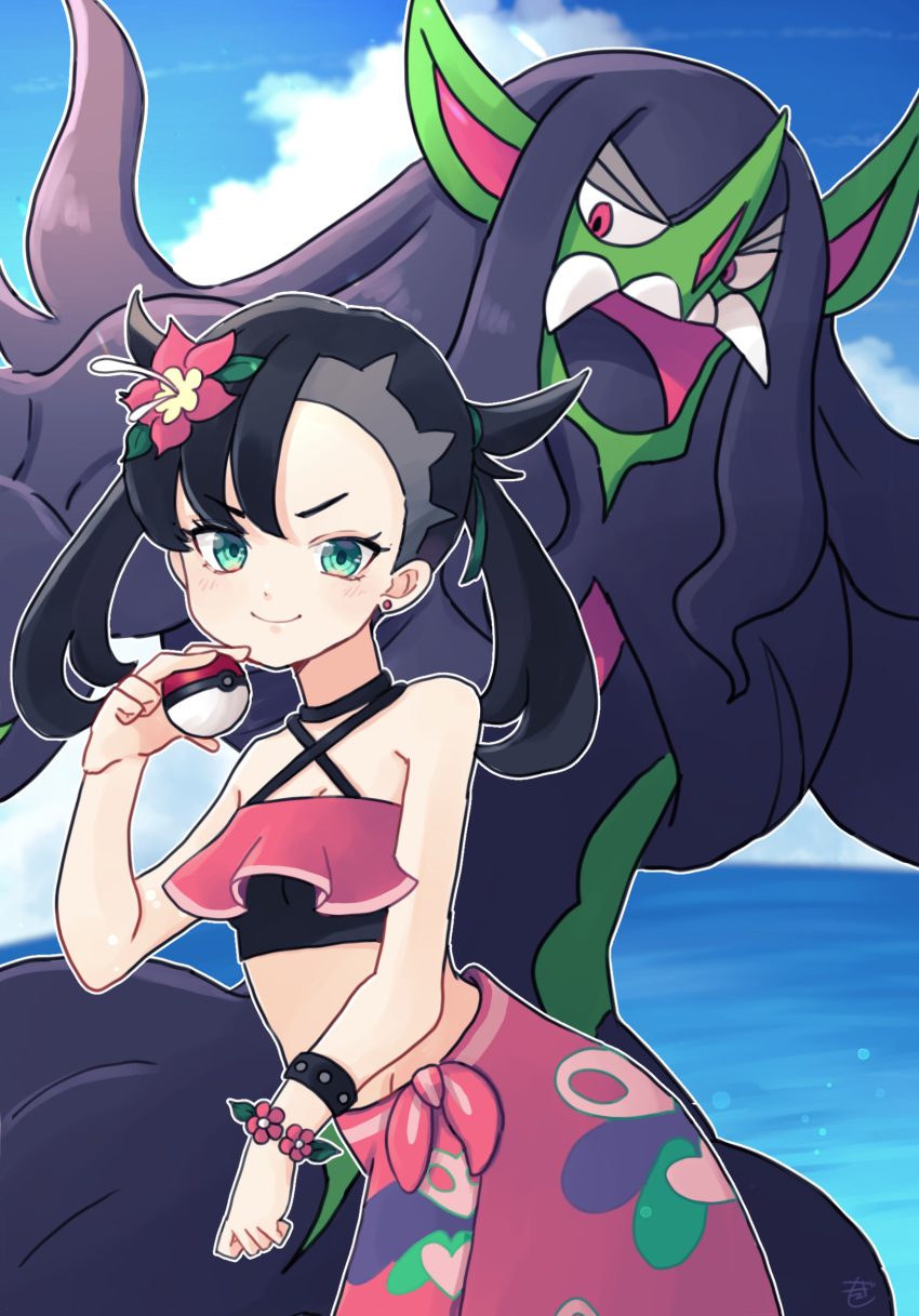 1girl asymmetrical_bangs bangs bikini black_hair breasts choker cleavage closed_mouth cowboy_shot earrings flower flower_bracelet gen_8_pokemon gloria_(pokemon) green_eyes green_ribbon grimmsnarl hair_flower hair_ornament hair_ribbon hibiscus highres holding holding_poke_ball jewelry light_blush marnie_(pokemon) moegi_itsukashi ocean official_alternate_costume poke_ball poke_ball_(basic) pokemon pokemon_(creature) pokemon_(game) pokemon_masters_ex red_bikini ribbon sarong small_breasts smile swimsuit twintails two_side_up v-shaped_eyebrows wristband