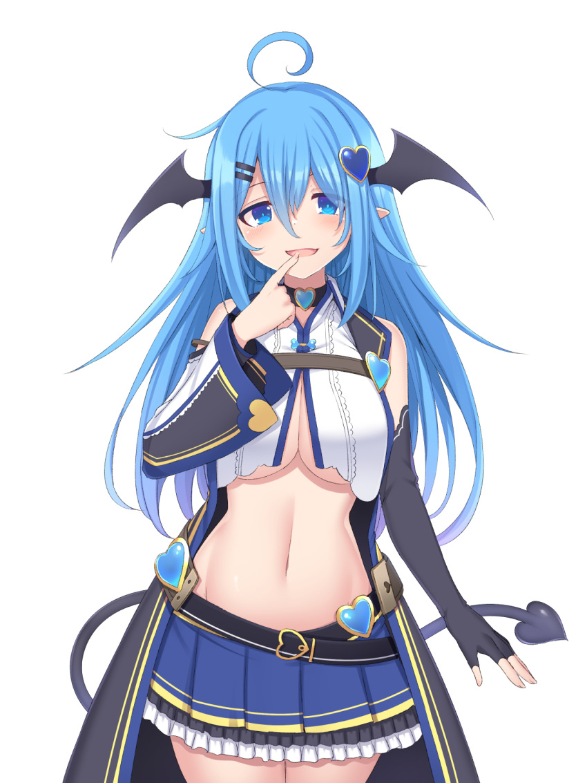 1girl :d ahoge bare_shoulders belt black_choker black_gloves blue_eyes blue_hair blue_skirt breasts choker cleavage cowboy_shot crop_top crop_top_overhang demon_girl demon_tail detached_sleeves elbow_gloves finger_to_mouth fingerless_gloves gloves hair_between_eyes hair_ornament hairclip head_wings heart highres large_breasts long_hair looking_at_viewer midriff miniskirt navel no_bra open_mouth original pleated_skirt pointy_ears revealing_clothes shirt sidelocks simple_background single_detached_sleeve single_glove skirt sleeveless sleeveless_shirt smile snow_(gi66gotyo) solo stomach tail underboob white_background white_shirt