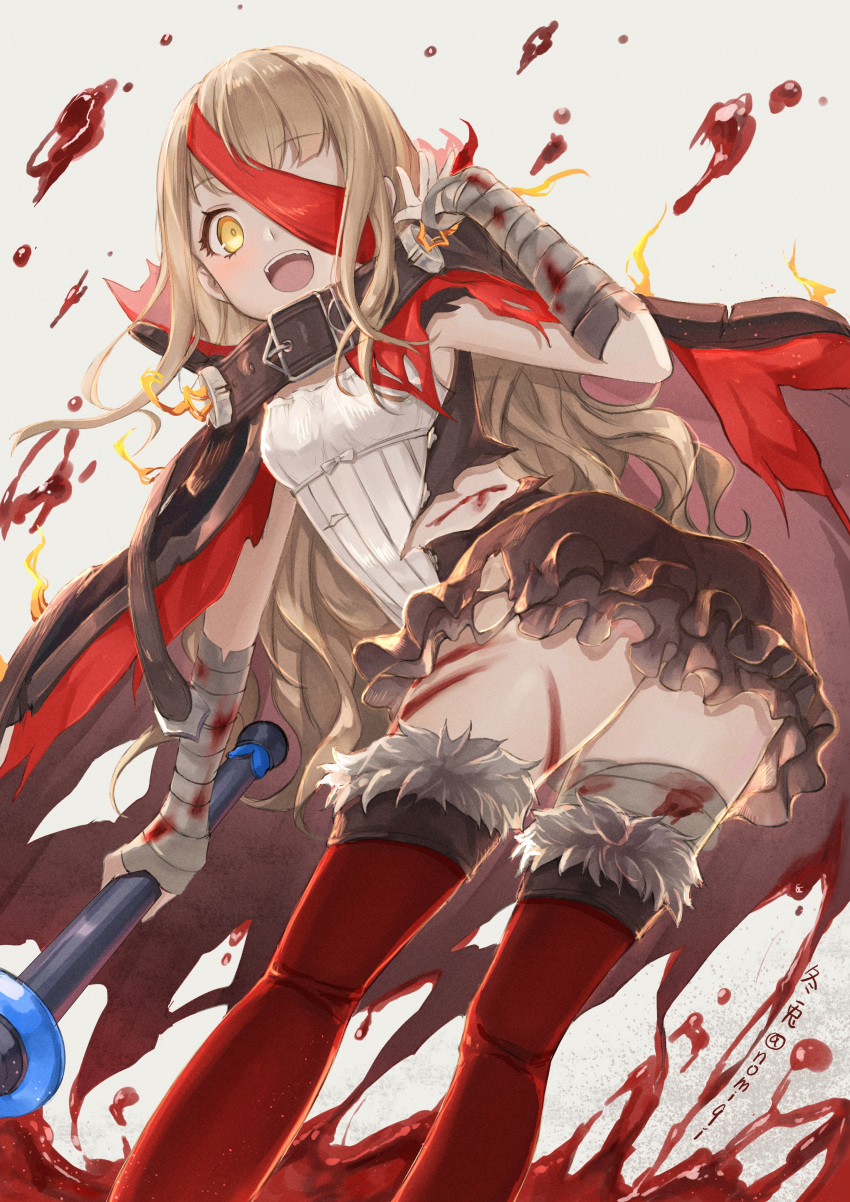 1girl absurdres bandages bangs blonde_hair blood blood_splatter bloody_bandages blunt_bangs boots buckle cape dress eyepatch fang fur_trim grey_background happy highres holding holding_weapon hood little_red_riding_hood_(sinoalice) long_hair looking_at_viewer multiple_views nomi_(kurocxx110) one_eye_covered open_mouth scratches sidelocks simple_background sinoalice solo thigh_boots thighhighs torn_cape torn_clothes turnaround wavy_hair weapon