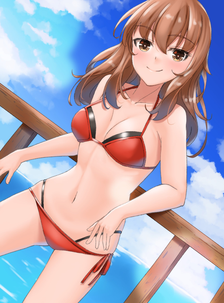 1girl absurdres ass_visible_through_thighs bikini blue_sky blush brown_eyes brown_hair cloud dutch_angle fernandia_malvezzi highres hiroshi_(hunter-of-kct) horizon looking_at_viewer multi-strapped_bikini navel ocean railing red_bikini side-tie_bikini sky smile solo swimsuit water wavy_hair world_witches_series