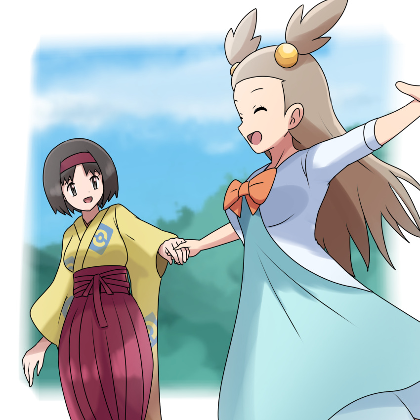 2girls bangs bow brown_hair dress erika_(pokemon) eyelashes green_dress grey_eyes gym_leader hair_bobbles hair_ornament hairband high-waist_skirt highres holding_hands jasmine_(pokemon) long_hair long_sleeves multiple_girls open_mouth orange_bow pleated_skirt poke_ball_print pokemon pokemon_(game) pokemon_hgss purple_hairband saon101 short_hair skirt sleeves_past_elbows smile tongue two_side_up wide_sleeves |d