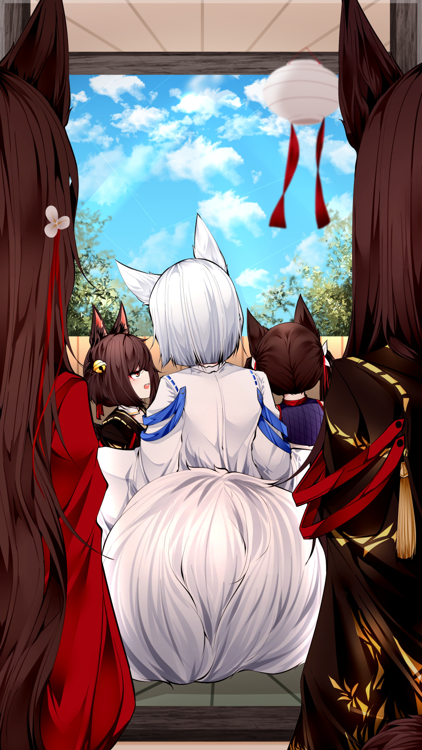 5girls absurdres akagi-chan_(azur_lane) akagi_(azur_lane) amagi-chan_(azur_lane) amagi_(azur_lane) animal_ears azur_lane bangs bell blue_sky brown_hair cloud cloudy_sky commentary_request eyeshadow fence fox_ears fox_girl fox_tail from_behind hair_between_eyes hair_ornament highres japanese_clothes kaga_(azur_lane) kyuubi lampion long_hair looking_at_another looking_away makeup multiple_girls multiple_tails namesake off-shoulder_kimono red_eyes samip short_hair sidelocks sitting sky tail tree twintails white_hair wide_sleeves wooden_fence wooden_floor