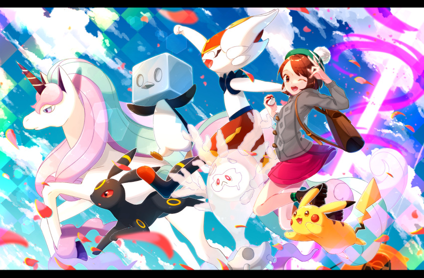 1girl 380_(380_taida) ;d backpack bag blurry bob_cut boots brown_bag brown_eyes brown_footwear brown_hair buttons cable_knit cardigan cinderace cloud commentary_request cursola day dress eiscue eiscue_(ice) energy_beam galarian_form galarian_rapidash gen_1_pokemon gen_2_pokemon gen_8_pokemon gloria_(pokemon) green_headwear green_legwear grey_cardigan hat holding holding_poke_ball one_eye_closed open_mouth outdoors pikachu pink_dress plaid plaid_legwear poke_ball poke_ball_(basic) pokemon pokemon_(creature) pokemon_(game) pokemon_swsh shiny shiny_hair short_hair sky smile socks tam_o'_shanter tongue umbreon upper_teeth