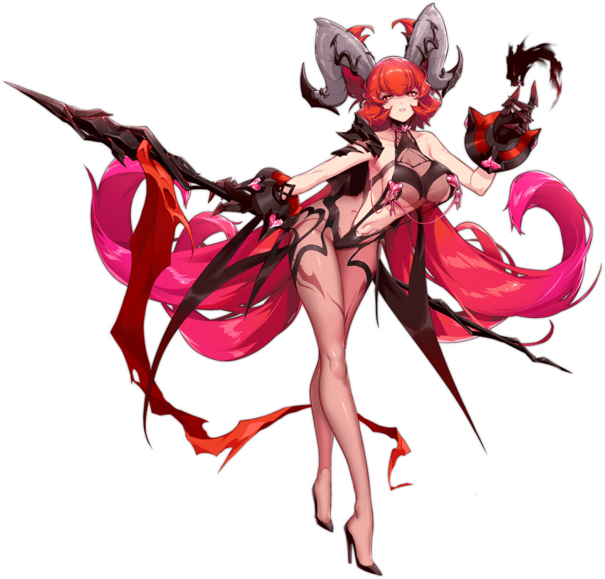 1girl ark_order armor asmodeus_(ark_order) black_cape black_footwear bodystocking cape choker curled_horns heart heart_choker high_heels holding horns mole mole_under_mouth official_art pauldrons red_eyes red_hair shanyao_jiang_tororo short_twintails shoulder_armor single_pauldron solo standard_bearer tachi-e thigh_tattoo twintails