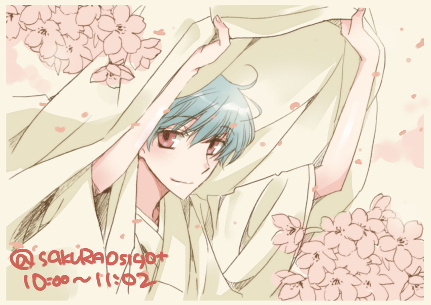 1boy arms_up blue_hair flower ichinomiya_kantarou japanese_clothes kimono kinoshita_sakura male_focus one-hour_drawing_challenge pink_flower red_eyes short_hair smile solo tactics twitter_username white_kimono wind wind_lift