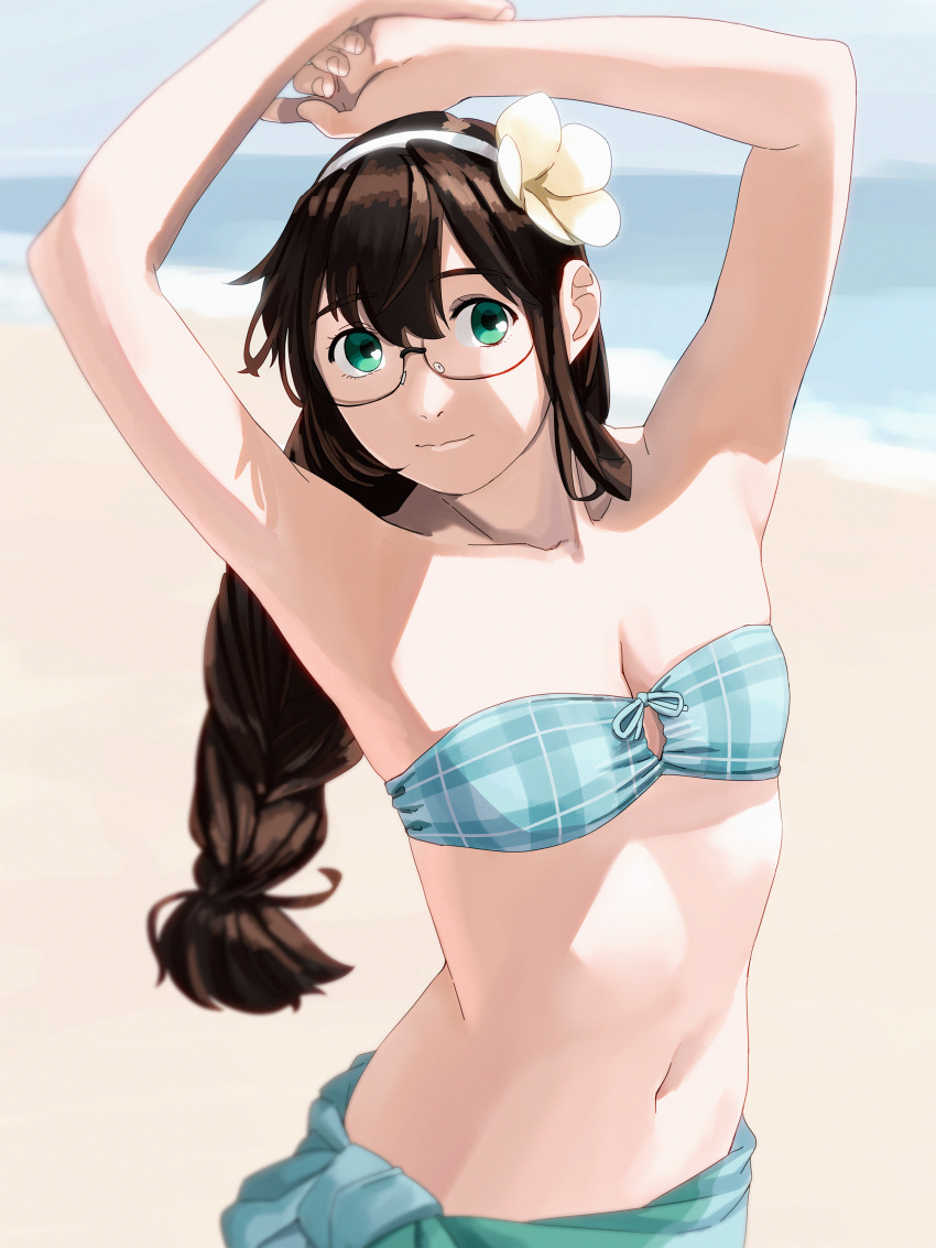 1girl absurdres arms_up beach bikini black_hair blue_bikini blue_sarong braid breasts flower green_eyes hair_flower hair_ornament hairband highres huge_filesize kantai_collection long_hair looking_at_viewer ojipon ooyodo_(kancolle) plaid plaid_bikini sarong semi-rimless_eyewear single_braid small_breasts solo strapless strapless_bikini swimsuit under-rim_eyewear upper_body