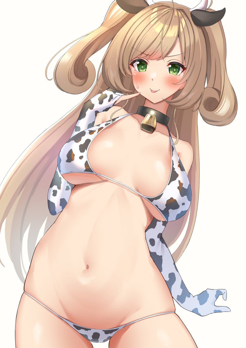 1girl :p absurdres ahoge animal_ears animal_print bell breasts cow_ears cow_girl cow_horns cow_print cowbell cowboy_shot green_eyes highres horns idolmaster idolmaster_cinderella_girls large_breasts light_brown_hair long_hair navel neck_bell sagging_breasts sasorichamaru satou_shin simple_background solo thong tongue tongue_out twintails white_background