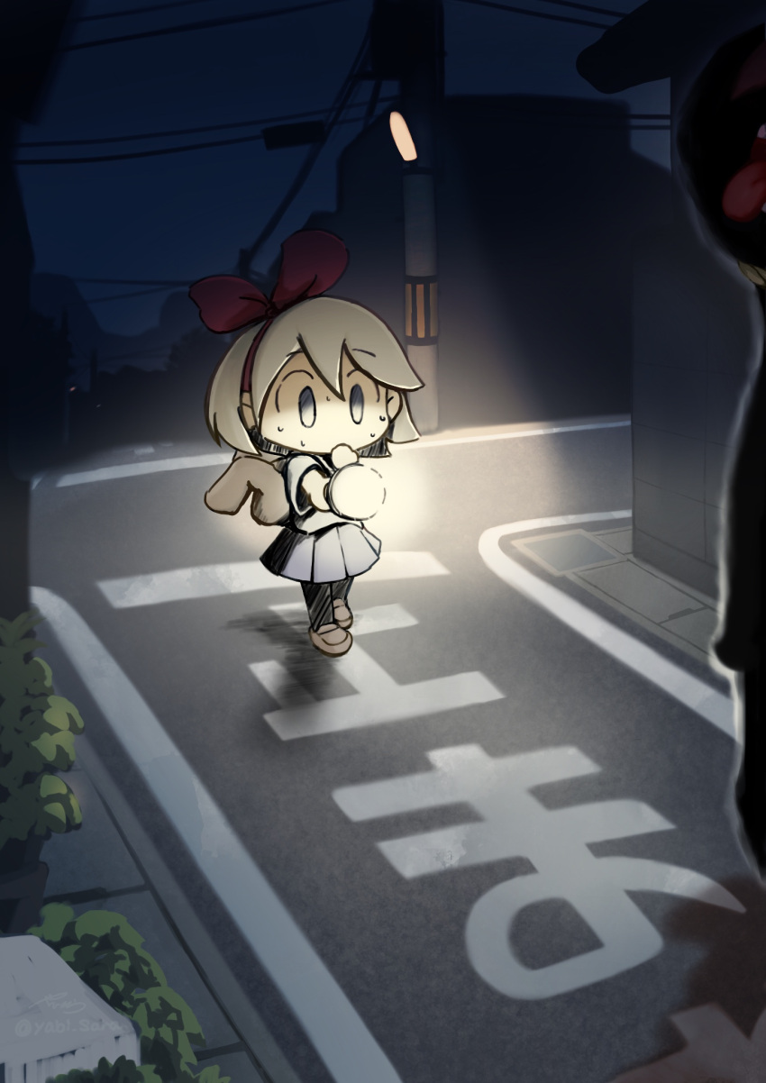 1girl animal_bag bag blue_eyes bow brown_hair bunny_bag ene_(enene) flashlight hair_bow highres horror_(theme) lamppost loafers monster night noose outdoors power_lines protagonist_(yomawari) red_bow road shoes short_hair skirt street sweat tongue tongue_out yomawari yomawari:_night_alone