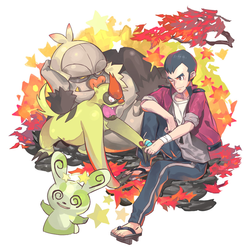 1boy absurdres alternate_color autumn_leaves black_hair claws commentary dizzy_(feeling) fangs gen_3_pokemon grey_pants gym_leader highres hiro_(user_negm3832) holding jacket male_focus norman_(pokemon) open_clothes open_jacket open_mouth pants pokemon pokemon_(creature) pokemon_(game) pokemon_oras purple_jacket shiny_pokemon shirt short_hair sitting slaking spinda star_(symbol) t-shirt toes tongue vigoroth wrist_wrap