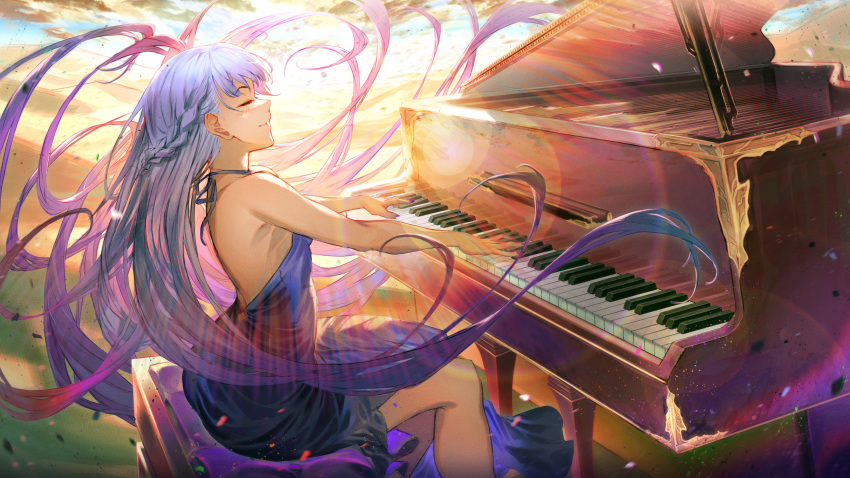 1girl absurdly_long_hair absurdres backless_dress backless_outfit braid closed_eyes closed_mouth commission commissioner_upload desert dress fire_emblem fire_emblem:_the_binding_blade fire_emblem_cipher fire_emblem_heroes french_braid full_body grand_piano highres hood huge_filesize instrument long_hair music outdoors petals piano piano_bench piano_keys playing_instrument playing_piano purple_hair side_slit sitting smile solo sophia_(fire_emblem) usanekorin very_long_hair