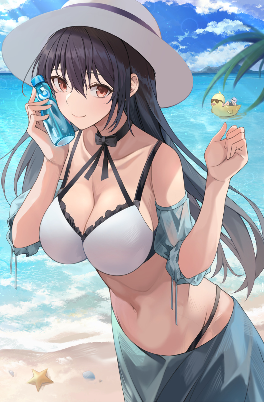 2girls absurdres bangs bare_shoulders beach bikini black_hair blue_sky bottle breasts brown_eyes cloud commentary_request cowboy_shot day hair_between_eyes hands_up highres holding holding_bottle large_breasts long_hair looking_at_viewer multiple_girls navel original outdoors skirt sky smile standing starfish stomach sukuemon swimsuit very_long_hair water white_bikini white_headwear