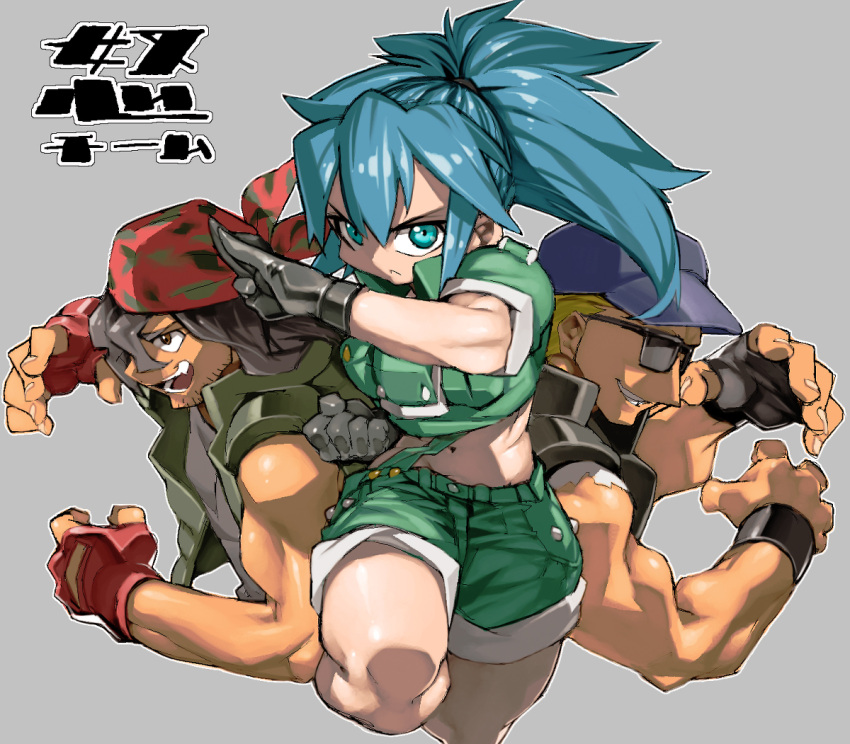 1girl 2boys background_text bandana bangs baseball_cap black_hair blonde_hair blue_eyes blue_hair clark_still clenched_hand fingerless_gloves gloves green_jacket green_shorts hat ikari_warriors jacket leona_heidern long_hair military military_uniform multiple_boys ponytail ralf_jones shorts soldier sunglasses the_king_of_fighters tied_hair uniform vest ysk!