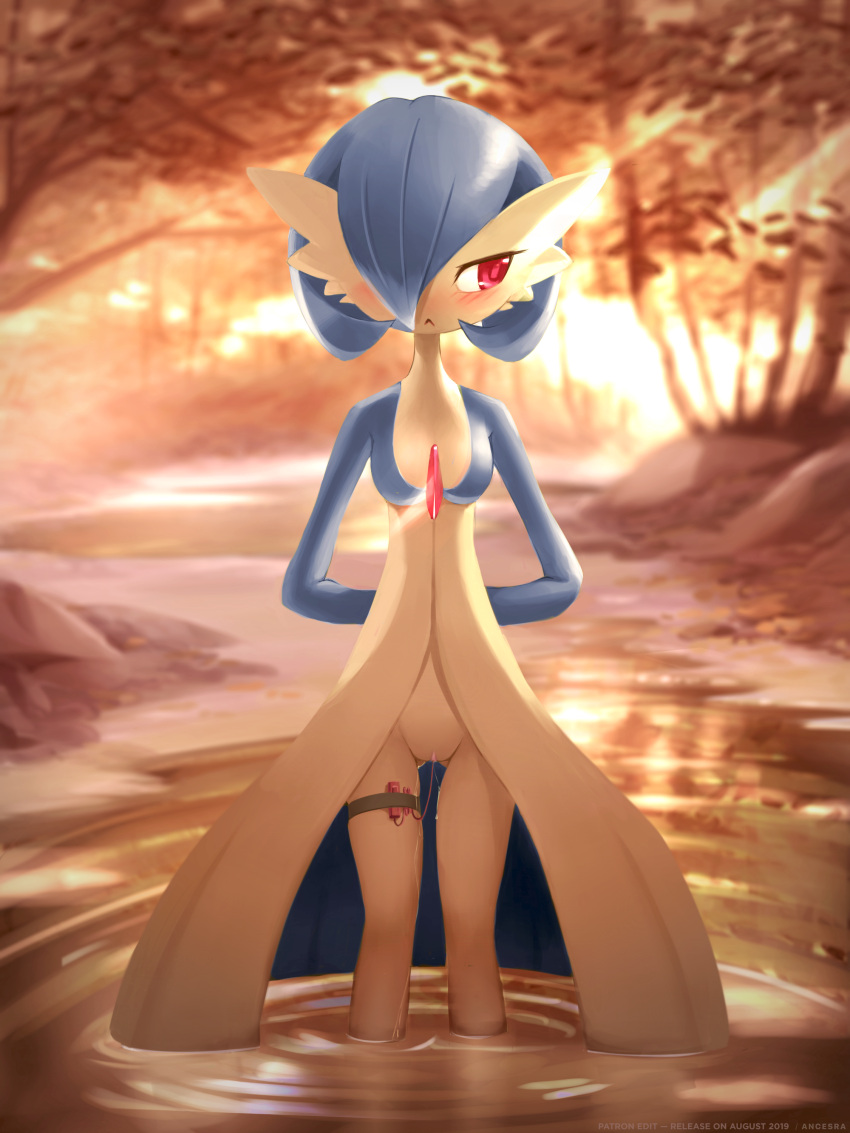 1girl :&lt; absurdres alternate_color alternate_eye_color ancesra arms_behind_back artist_name ass_visible_through_thighs bangs blue_skin blurry blurry_background blush bob_cut breasts closed_mouth colored_skin controller embarrassed english_text forest gardevoir gen_3_pokemon hair_over_one_eye half-closed_eyes highres light_rays looking_away looking_to_the_side multicolored multicolored_skin nature nose_blush object_insertion outdoors partially_submerged patreon_username pokemon pokemon_(creature) pussy pussy_juice red_eyes remote_control remote_control_vibrator ripples sex_toy shiny_pokemon short_hair skindentation small_breasts solo standing straight-on stream sunlight sunset thigh_strap tree two-tone_skin uncensored vaginal vaginal_object_insertion vibrator vibrator_cord wading water watermark white_skin