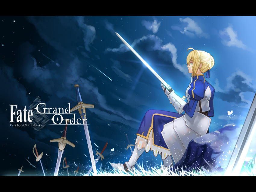 1girl ahoge armor armored_boots armored_dress artoria_pendragon_(all) blonde_hair boots cloud comet dress excalibur_(fate/stay_night) fate/grand_order fate/stay_night fate_(series) gauntlets glowing glowing_weapon green_eyes hair_ribbon highres holding holding_sword holding_weapon light_particles logo mizu_(dl7613) multiple_swords night ribbon saber sitting sitting_on_object sky solo star_(sky) starry_sky sword weapon