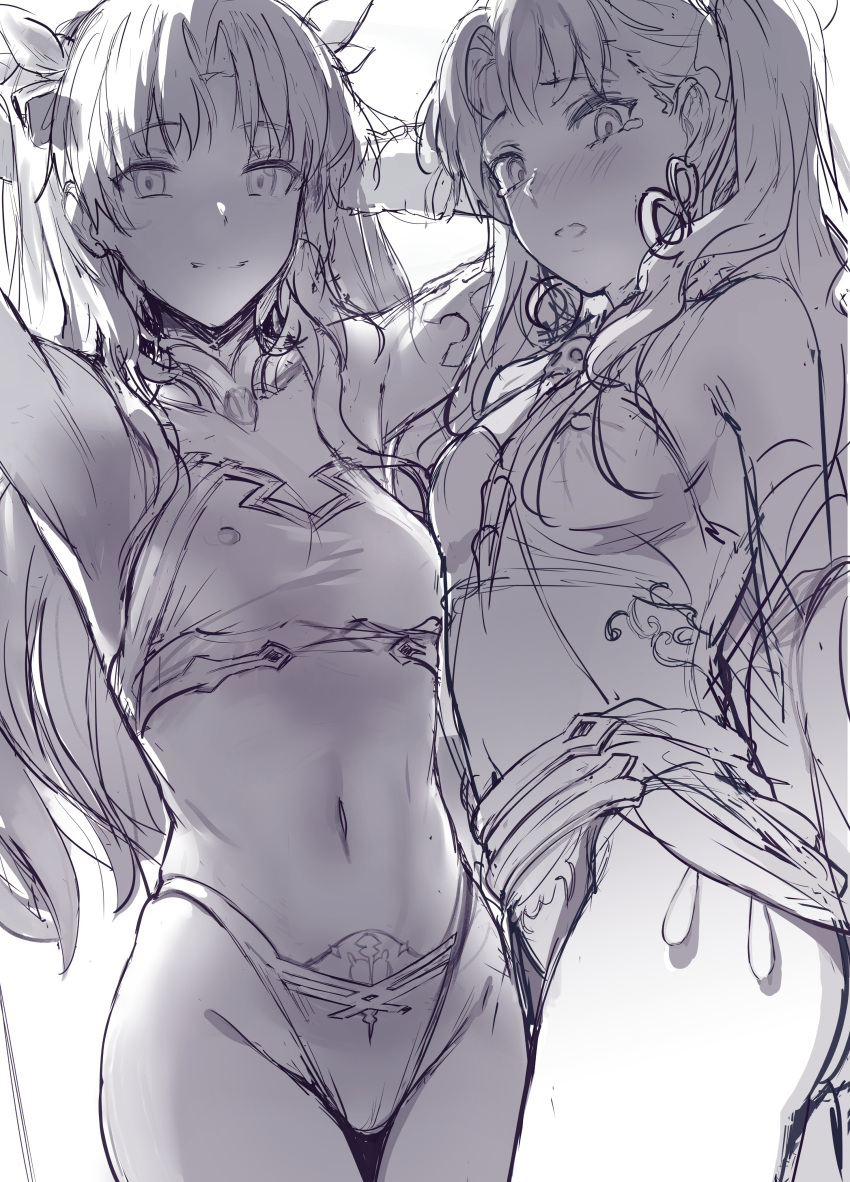 2girls absurdres armpits arms_behind_head blush breasts closed_mouth earrings ereshkigal_(fate) eyebrows_visible_through_hair fate/grand_order fate_(series) greyscale hair_ribbon hews highres ishtar_(fate) ishtar_(fate)_(all) jewelry long_hair looking_at_viewer medium_breasts monochrome multiple_girls navel ribbon siblings sisters sketch smile stomach tears thighs work_in_progress