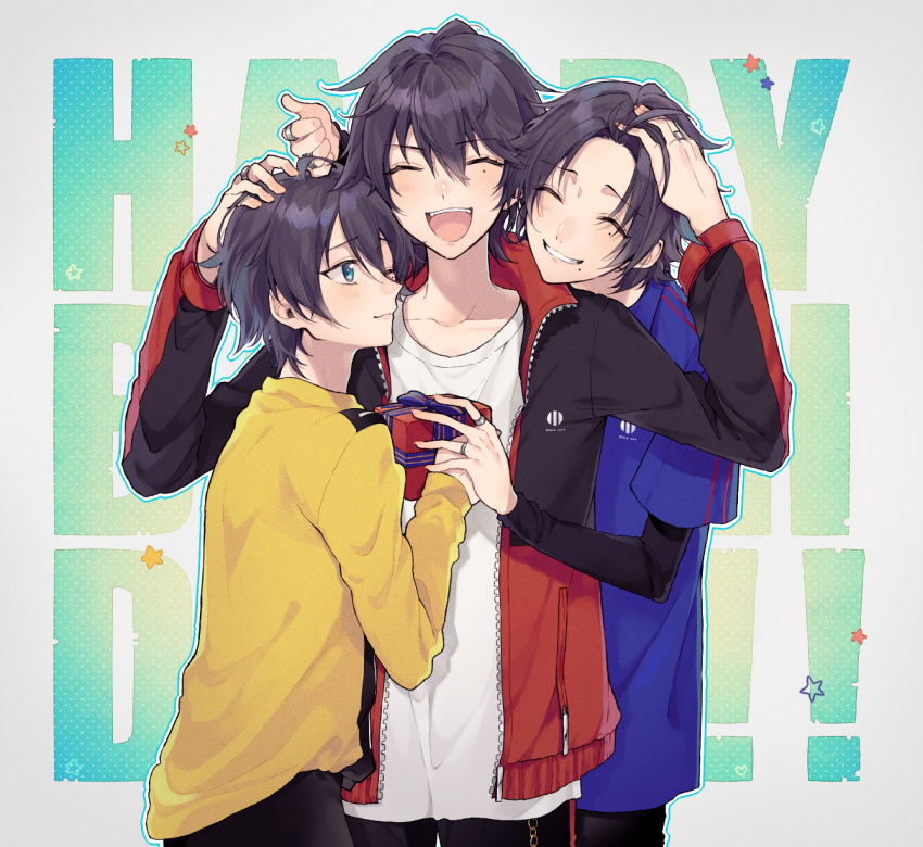 3boys :d ;) ^_^ background_text bangs black_hair black_jacket black_pants blue_shirt brothers chisumi closed_eyes closed_mouth collarbone collared_shirt commentary_request eyebrows_visible_through_hair gift green_eyes grey_background grin hair_between_eyes hand_on_another's_head happy_birthday highres holding holding_gift hypnosis_mic jacket jewelry layered_sleeves long_sleeves male_focus mole mole_under_mouth multiple_boys one_eye_closed open_clothes open_jacket open_mouth outline pants ring shirt short_over_long_sleeves short_sleeves siblings smile star_(symbol) white_outline white_shirt yamada_ichirou_(hypnosis_mic) yamada_jirou yamada_saburou yellow_shirt