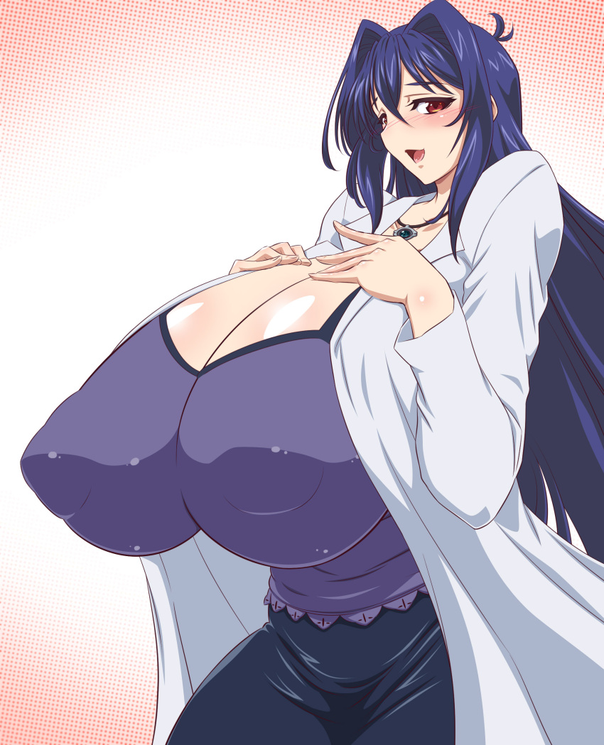 1girl absurdres blue_hair blush breast_suppress breasts covered_nipples curvy gigantic_breasts hair_intakes highres jewelry labcoat long_hair looking_at_viewer maken-ki! nijou_aki pencil_skirt pendant plump red_eyes shiny shiny_skin skirt solo yukimaru_(gojo)