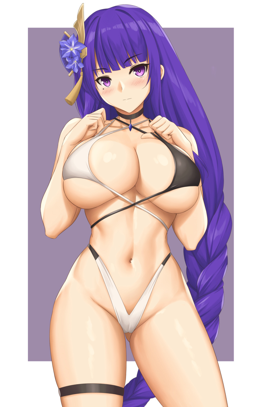 1girl arciealbano bangs bare_shoulders bikini black_bikini blush breasts cleavage collarbone genshin_impact hair_ornament highleg highleg_bikini highres large_breasts long_hair looking_at_viewer navel purple_eyes purple_hair raiden_(genshin_impact) solo swimsuit thighs two-tone_bikini white_bikini