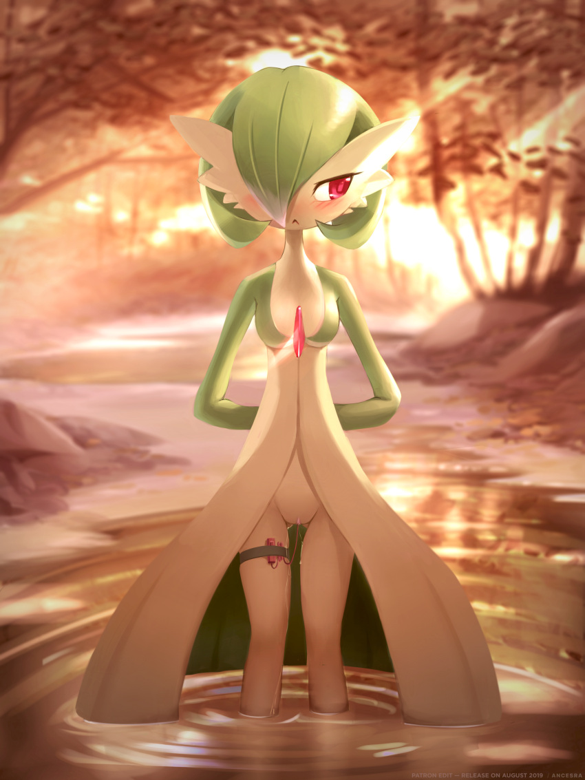 1girl :&lt; absurdres ancesra arms_behind_back artist_name ass_visible_through_thighs bangs blurry blurry_background blush bob_cut breasts closed_mouth colored_skin controller embarrassed english_text forest gardevoir gen_3_pokemon green_skin hair_over_one_eye half-closed_eyes highres light_rays looking_away looking_to_the_side multicolored multicolored_skin nature nose_blush object_insertion outdoors partially_submerged patreon_username pokemon pokemon_(creature) pussy pussy_juice red_eyes remote_control remote_control_vibrator ripples sex_toy short_hair skindentation small_breasts solo standing straight-on stream sunlight sunset thigh_strap tree two-tone_skin uncensored vaginal vaginal_object_insertion vibrator vibrator_cord wading water watermark white_skin