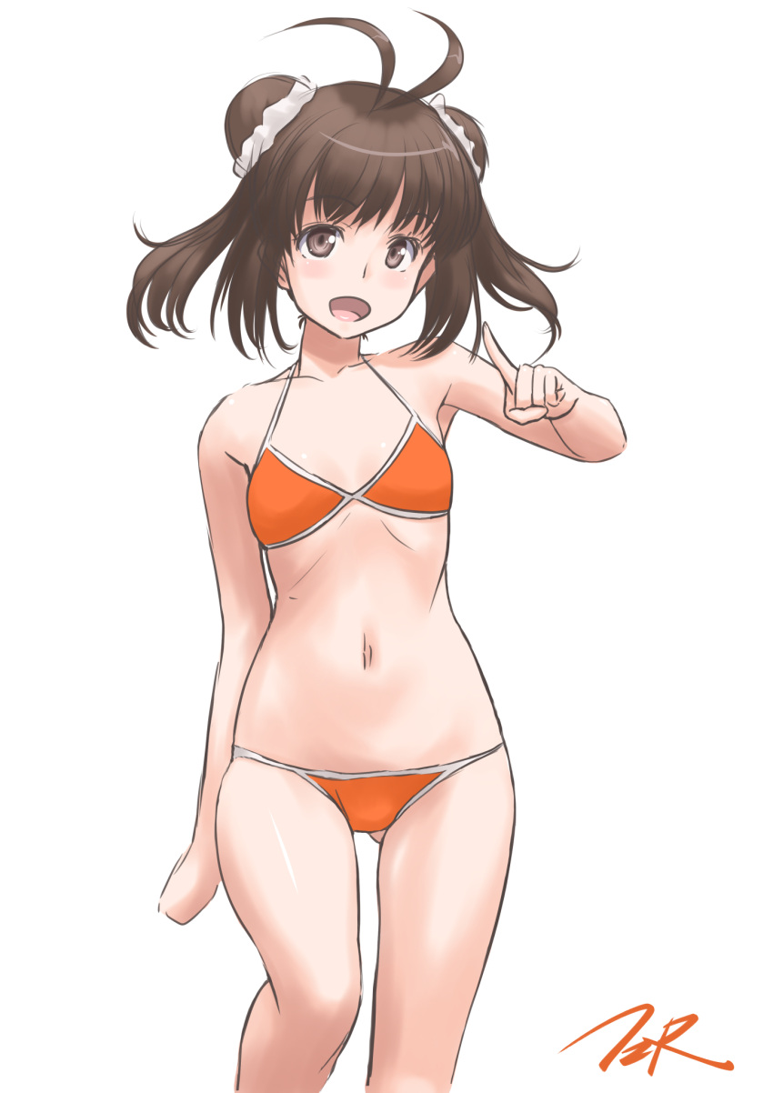1girl antenna_hair ass_visible_through_thighs bikini brown_eyes brown_hair commentary_request double_bun flat_chest highres idol kantai_collection looking_at_viewer naka_(kancolle) orange_bikini short_hair simple_background smile solo standing swimsuit t2r white_background