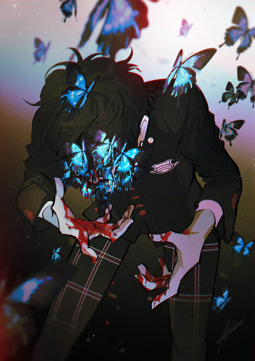 1boy absurdres amamiya_ren black_hair black_jacket blood blood_on_face bloody_hands blue_butterfly btmr_game bug butterfly highres insect jacket long_sleeves male_focus pants persona persona_5 plaid plaid_pants school_uniform shuujin_academy_uniform signature simple_background solo