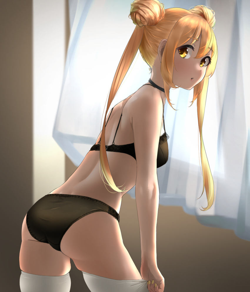 1000-chan 1girl ass bare_shoulders black_bra black_panties blonde_hair blush bra breasts double_bun eyebrows_visible_through_hair hair_between_eyes highres indoors long_hair looking_at_viewer nail_polish open_mouth original panties small_breasts tama_(seiga46239239) thighhighs underwear white_legwear window yellow_nails