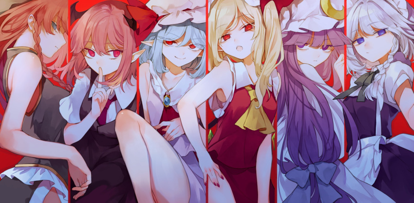 6+girls \||/ blonde_hair blue_eyes braid closed_mouth commentary_request crescent crescent_hat_ornament expressionless feet_out_of_frame flandre_scarlet hair_intakes hat hat_ornament head_wings highres hong_meiling izayoi_sakuya koakuma long_hair mob_cap multiple_girls one_side_up patchouli_knowledge pointy_ears profile purple_eyes purple_hair red_background red_eyes remilia_scarlet risui_(suzu_rks) side_braids sideways_glance the_embodiment_of_scarlet_devil touhou twin_braids white_headwear