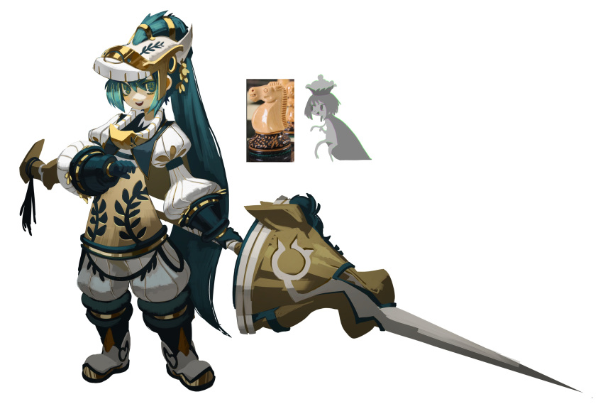 1girl absurdres aqua_eyes aqua_gloves aqua_hair armor bangs black_eyes blonde_hair blush bob_cut boots cape chess_piece chessboard collared_shirt commentary crown english_commentary gauntlets gloves gold_trim grey_hair hair_between_eyes hair_ornament hatsune_miku helmet highres holding holding_weapon knight_(chess) lance long_hair looking_at_viewer multicolored multicolored_eyes multicolored_hair polearm ponytail puffy_sleeves reference_photo_inset shirt short_hair sidelocks simple_background smile topdylan triangle_mouth upper_teeth very_long_hair vocaloid weapon white_background white_footwear white_headwear yellow_eyes