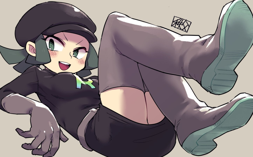 1girl :d black_dress black_headwear blush boots chichibu_(chichichibu) commentary_request dress eyelashes gloves green_eyes green_hair grey_footwear grey_gloves hat npc_trainer open_mouth pokemon pokemon_(game) pokemon_usum shoe_soles simple_background smile solo team_rainbow_rocket team_rainbow_rocket_grunt team_rainbow_rocket_uniform thigh_boots thighhighs tongue upper_teeth