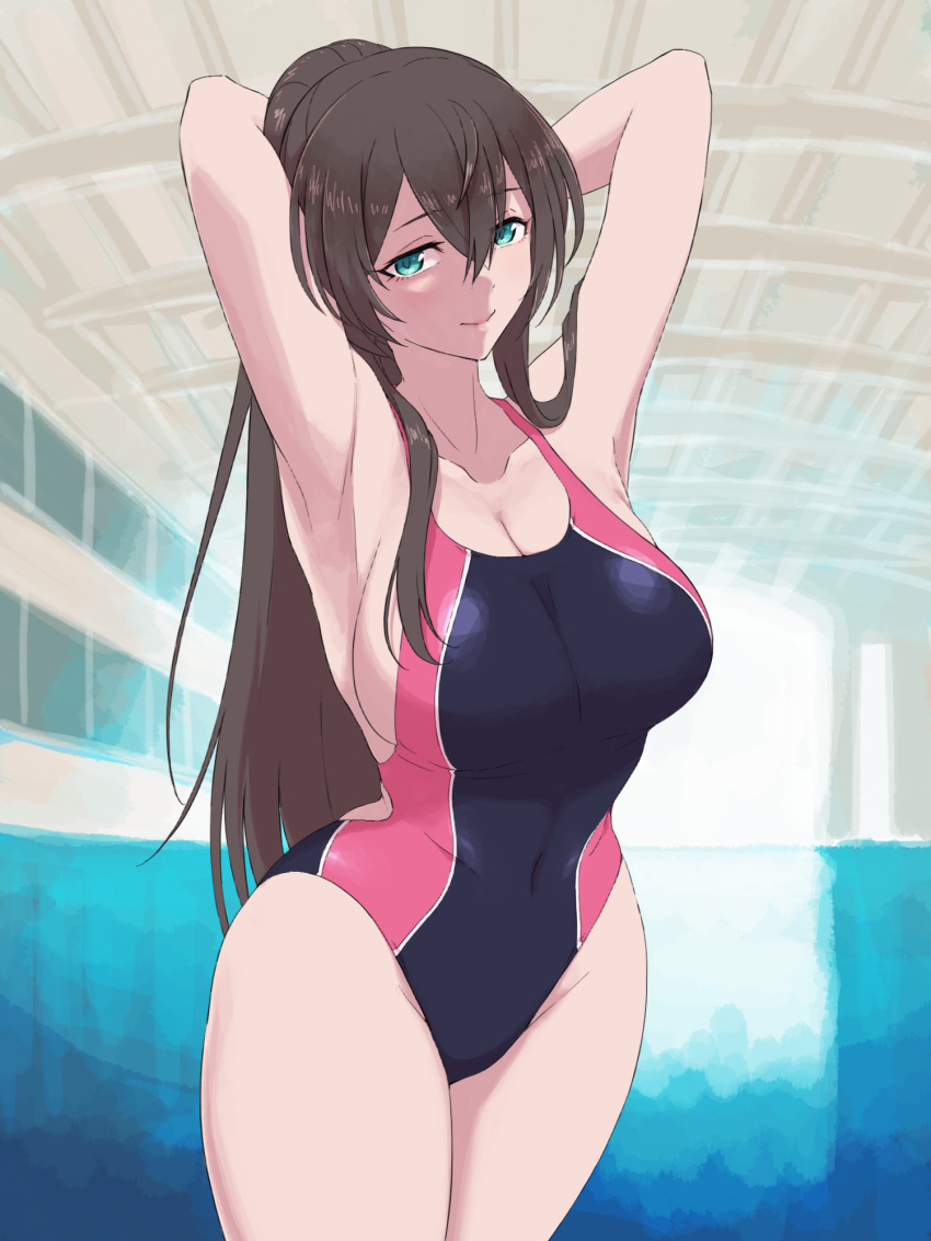 1girl aqua_eyes armpits arms_behind_head arms_up assault_lily bangs bare_arms bare_shoulders blue_swimsuit breasts brown_hair cleavage closed_mouth collarbone commentary_request competition_swimsuit covered_navel cowboy_shot crossed_bangs dated_commentary eyebrows_visible_through_hair groin hair_between_eyes highres indoors large_breasts long_hair looking_at_viewer mabuta_kayumi multicolored multicolored_clothes multicolored_swimsuit one-piece_swimsuit pink_swimsuit ponytail pool serizawa_chikaru sideboob sidelocks smile solo standing swimsuit unfinished_background very_long_hair water