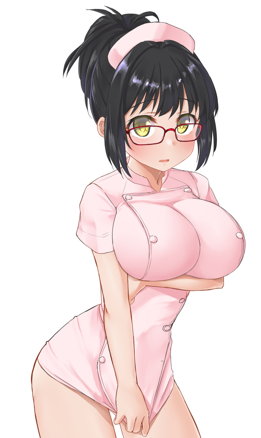 1girl aimobake black_hair blush breast_hold breasts competition_swimsuit cowboy_shot dress dress_tug glasses hat highres idolmaster idolmaster_cinderella_girls kamijou_haruna large_breasts light_frown looking_at_viewer microdress nurse nurse_cap one-piece_swimsuit parted_lips pink_dress pink_headwear red-framed_eyewear short_hair short_ponytail solo standing swimsuit yellow_eyes