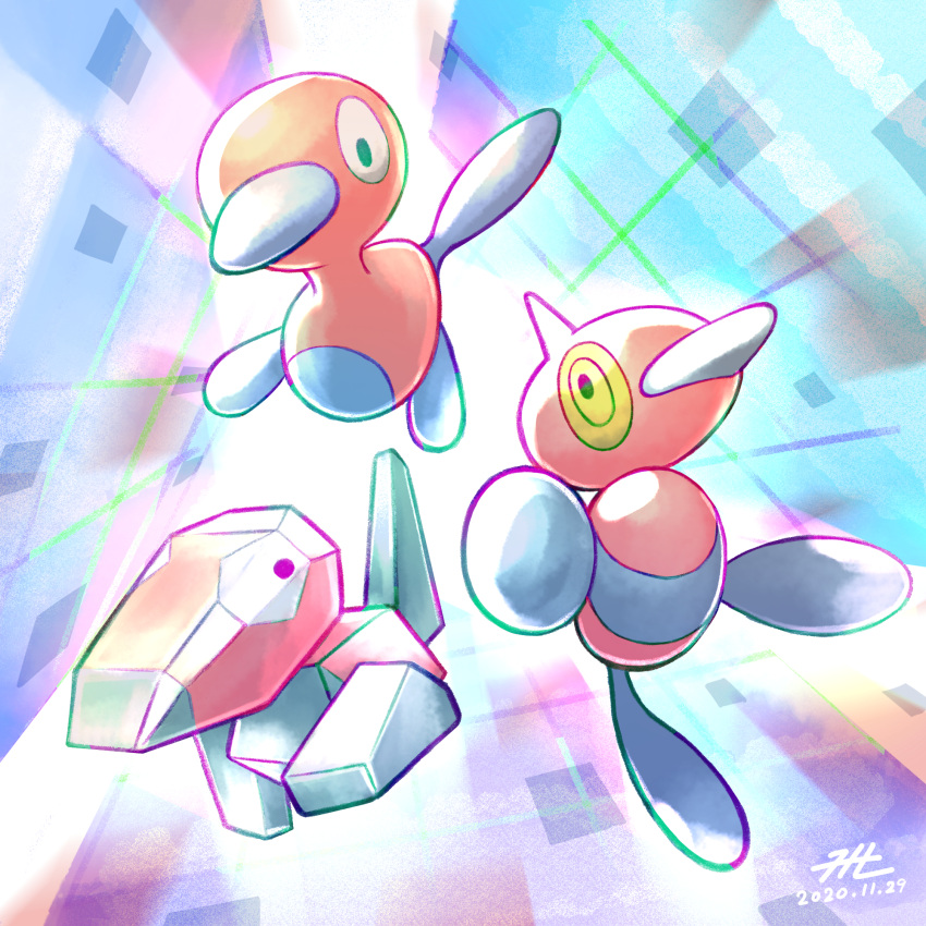 backlighting dated gen_1_pokemon gen_2_pokemon gen_4_pokemon highres multicolored multicolored_background no_humans null_suke pokemon pokemon_(creature) porygon porygon-z porygon2 signature tagme