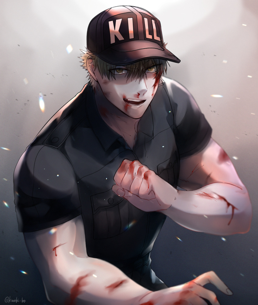 1boy absurdres baseball_cap blonde_hair blood blood_on_face bou_(maimoca501) hat hataraku_saibou highres huge_filesize killer_t_(hataraku_saibou) looking_at_viewer male_focus military military_uniform pectorals short_hair short_sleeves smile solo toned toned_male uniform upper_body