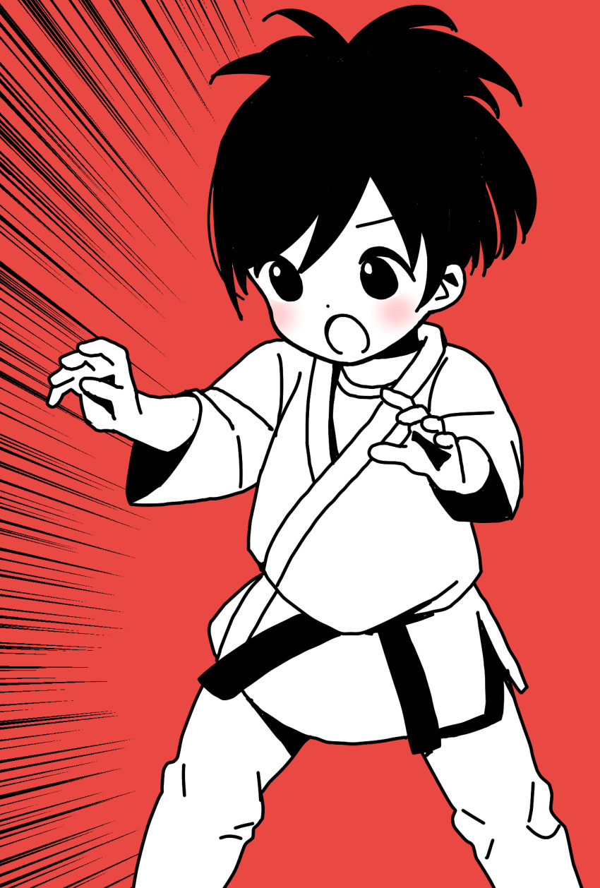 1girl :o alternate_costume alternate_hair_length alternate_hairstyle bangs commentary dot_nose dougi emphasis_lines fighting_stance highres hitori_bocchi hitoribocchi_no_marumaru_seikatsu judo katsuwo_(cr66g) long_sleeves looking_to_the_side open_mouth partially_colored red_background short_hair simple_background solo split_mouth standing