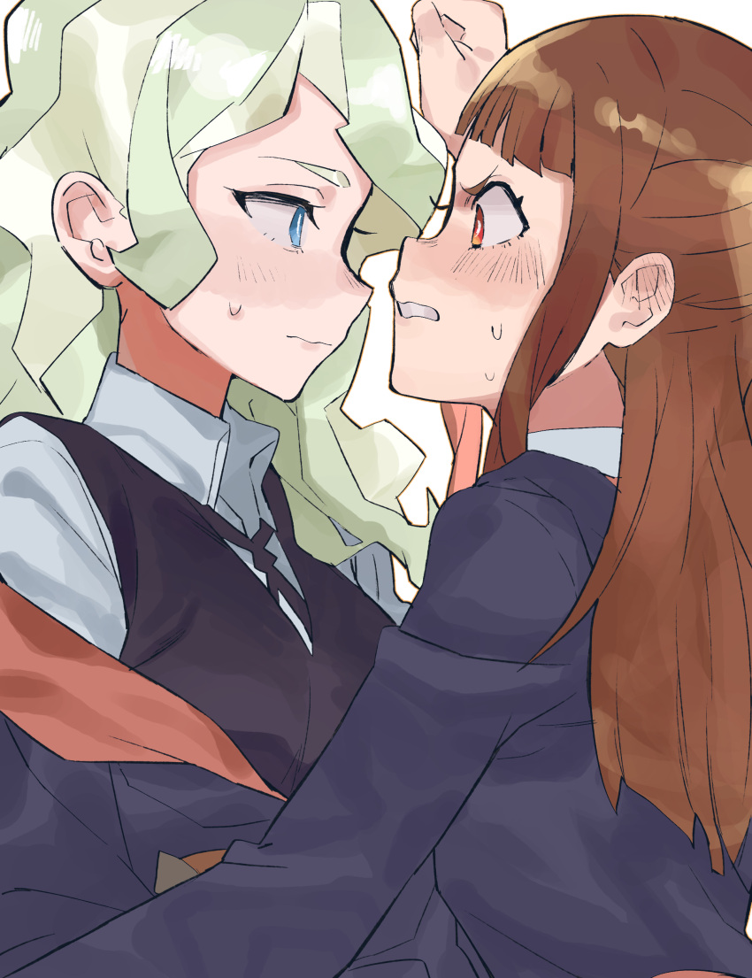 2girls absurdres bangs blonde_hair blue_eyes blunt_bangs blush brown_hair closed_mouth diana_cavendish ear_blush eye_contact face-to-face from_side highres kagari_atsuko little_witch_academia long_hair looking_at_another luna_nova_school_uniform multiple_girls necktie off_shoulder profile red_eyes school_uniform sweatdrop takao_(88499191) teeth upper_body v-shaped_eyebrows wavy_mouth yuri