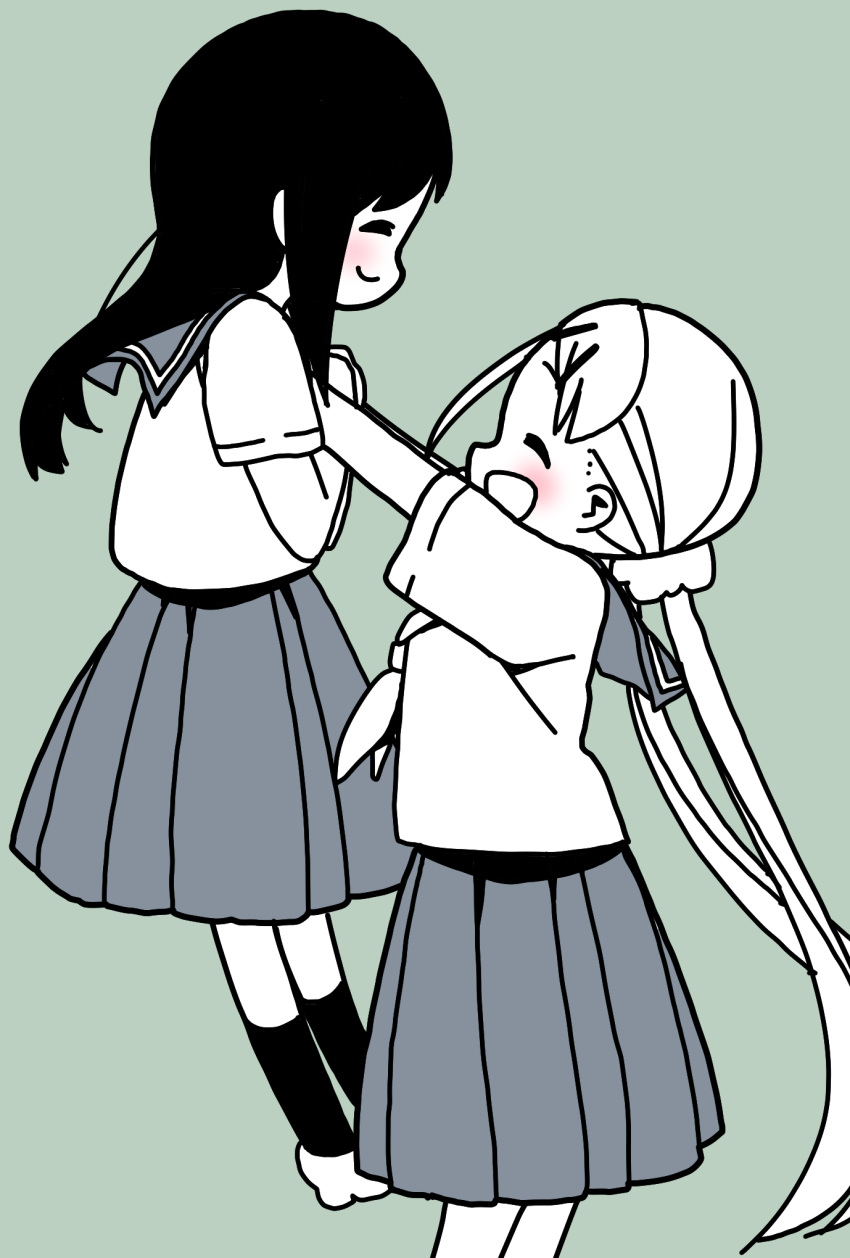 2girls ^_^ arms_up blush closed_eyes commentary_request facing_another from_side hair_ornament hair_scrunchie hairclip hands_up highres hitori_bocchi hitoribocchi_no_marumaru_seikatsu katsuwo_(cr66g) lifting_another long_hair multiple_girls neckerchief partially_colored pleated_skirt profile school_uniform scrunchie serafuku shirt shoes short_sleeves simple_background skirt socks sotoka_rakita standing twintails uwabaki very_long_hair