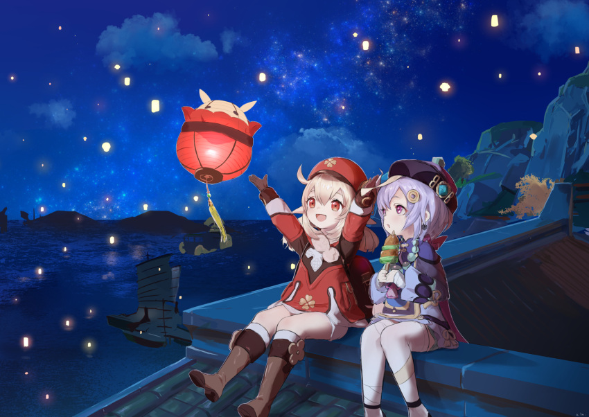 2girls :d ahoge arin_(1010_ssu) arms_up bandaged_leg bandages bangs barbecue bead_necklace beads bloomers boots braid brown_footwear brown_gloves brown_scarf building cabbie_hat cloud cloudy_sky clover_print coat commentary_request dragon eastern_dragon eyebrows_visible_through_hair floating floating_object food genshin_impact gloves hair_between_eyes hat hat_feather hat_ornament highres holding holding_food jewelry jiangshi klee_(genshin_impact) knee_boots kneehighs lampion long_hair long_sleeves looking_up low_ponytail multiple_girls necklace night night_sky on_roof open_mouth outstretched_arms pocket qing_guanmao qiqi_(genshin_impact) red_coat red_headwear rooftop sailing_ship scarf sidelocks single_braid sitting sky smile spread_arms star_(sky) starry_sky thighhighs underwear vision_(genshin_impact) white_legwear zettai_ryouiki