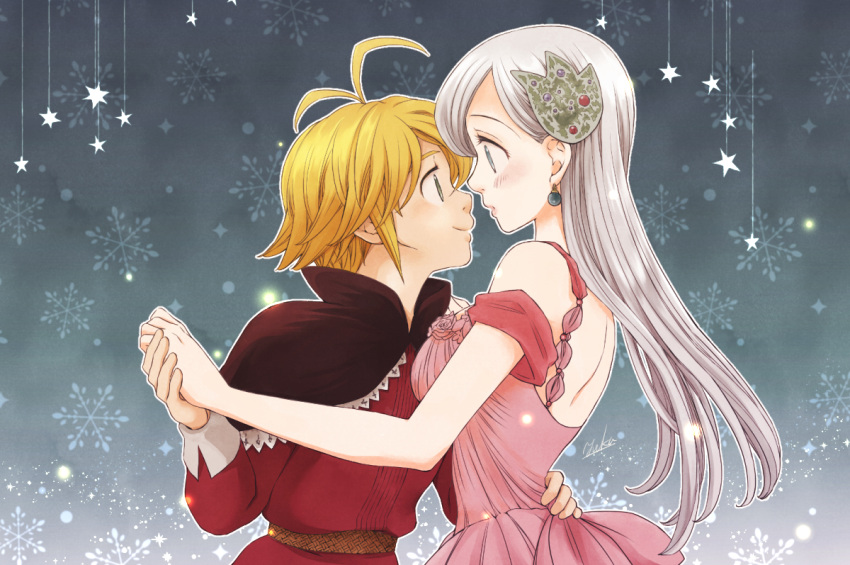 1boy 1girl antenna_hair black_capelet blonde_hair blue_eyes blush capelet couple dancing dress earrings elizabeth_liones eye_contact floating_hair from_side green_eyes grey_background hair_ornament hand_on_another's_hip hand_on_another's_shoulder harumiya hetero holding_hands imminent_kiss jewelry long_hair looking_at_another meliodas nanatsu_no_taizai parted_lips pink_dress red_shirt shiny shiny_hair shirt short_hair shoulder_blades silver_hair sleeveless sleeveless_dress snowflakes straight_hair very_long_hair