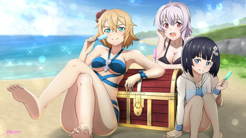3girls :d aqua_eyes armpits barefoot beach bikini black_bikini black_hair blonde_hair blue_bikini blue_eyes blue_sky blush breasts cinderella_bust closed_mouth cloud collarbone crossed_legs day flower food hair_flower hair_ornament halterneck highres holding holding_food ice_cream jacket large_breasts lens_flare long_hair looking_at_viewer medium_breasts mole mole_on_breast mole_under_eye multiple_girls mysteryctu ocean open_clothes open_jacket open_mouth outdoors philia_(sao) popsicle premiere_(sao) red_eyes red_flower see-through short_hair silver_hair sky smile sparkle strea_(sao) swimsuit sword_art_online underboob