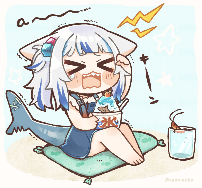 &gt;_&lt; 1girl a animal_ears bangs barefoot blue_hair blunt_bangs blush_stickers brain_freeze cat_ears chibi commentary cup drinking_glass ears_down fish_tail full_body gawr_gura hair_cubes hair_ornament highres hololive hololive_english multicolored_hair open_mouth pillow rectangular_mouth same_anko shark_tail sharp_teeth shaved_ice shrimp sitting solo streaked_hair suspenders symbol_commentary tail teeth trembling two-tone_hair virtual_youtuber white_hair