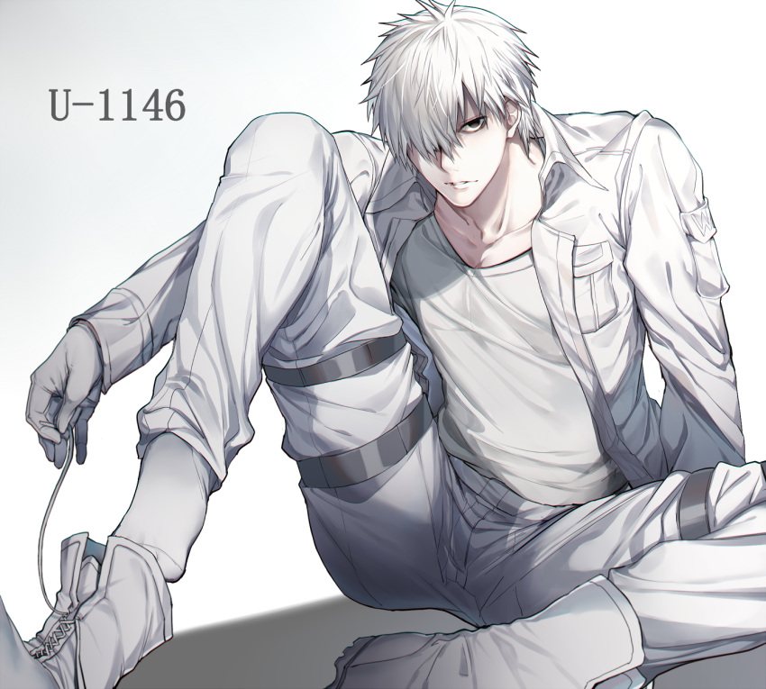 1boy black_eyes colored_skin feet_out_of_frame hair_over_one_eye harness hataraku_saibou highres jacket looking_at_viewer male_cleavage male_focus open_clothes open_jacket pants shoelaces shoes_removed short_hair silver_hair sitting socks solo spread_legs tsunami_(sorudora) u-1146 white_blood_cell_(hataraku_saibou) white_jacket white_pants white_skin