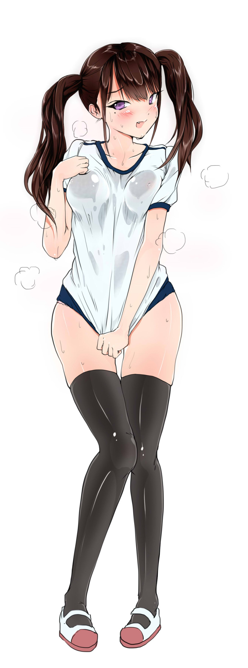 1girl absurdres black_legwear bloomers blush breasts brown_hair gym_uniform hand_on_own_chest highres knees_touching medium_breasts open_mouth original purple_eyes sak1023 shirt_tug shoes simple_background steam sweat sweaty_clothes thighhighs twintails underwear wet wet_clothes white_background zettai_ryouiki