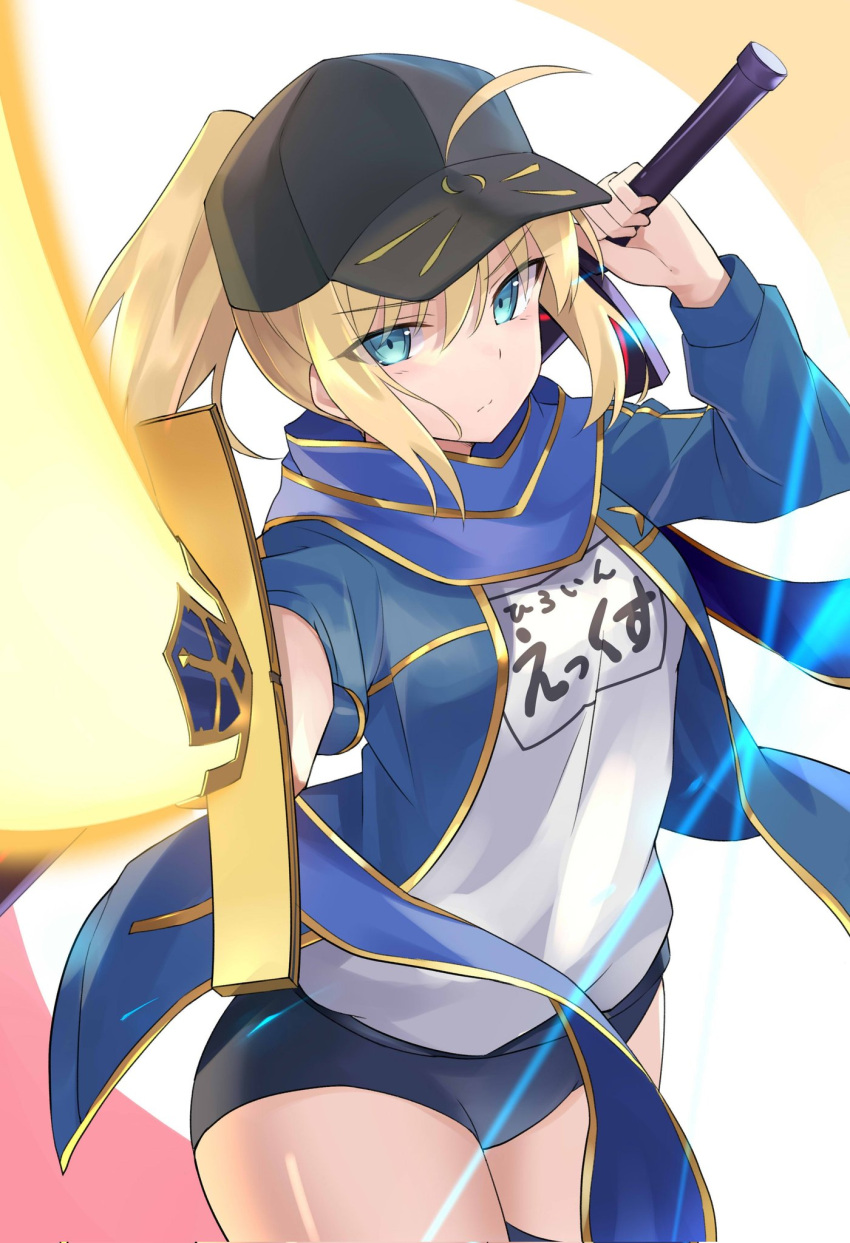 100 1girl ahoge artoria_pendragon_(all) bangs baseball_cap black_headwear blonde_hair blue_jacket blue_legwear blue_scarf blush breasts dual_wielding excalibur_morgan_(fate) fate/grand_order fate_(series) green_eyes hair_between_eyes hat highres himitsucalibur_(fate) holding jacket long_hair long_sleeves looking_at_viewer mysterious_heroine_x_(fate) ponytail rojiura_satsuki:_chapter_heroine_sanctuary scarf shirt short_shorts shorts sidelocks small_breasts sword thighhighs thighs weapon white_shirt